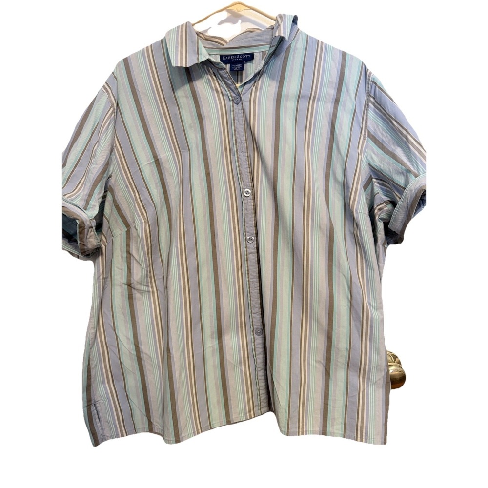 Women's Karen Scott Woman Striped Short Sleeve Button Up Shirt 18W